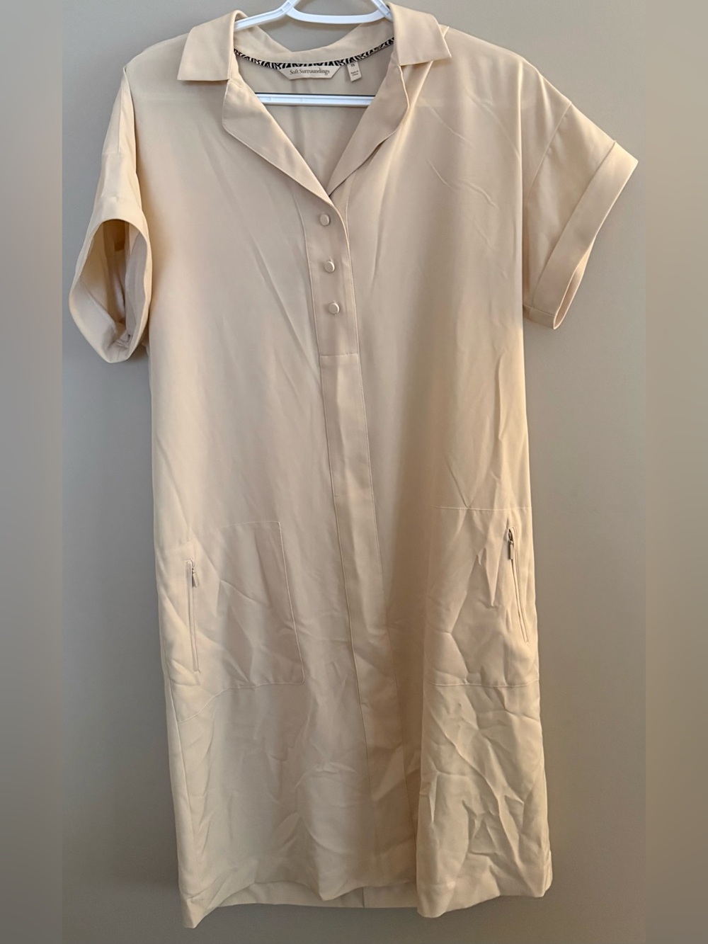 Soft Surroundings Neutral Tan Utility Shirt Dress Zipper Pockets